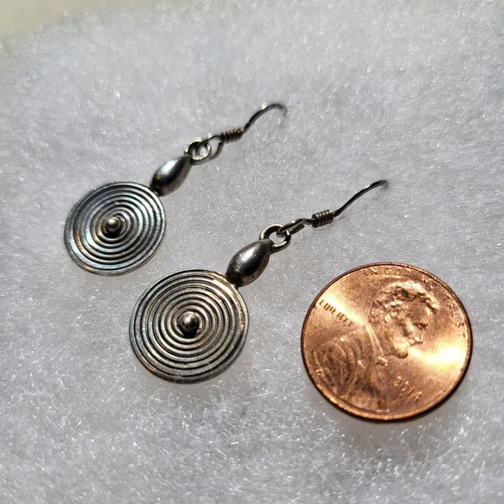 925 Sterling Silver Spiral Drop Earrings Vintage Boho Concentric Circle